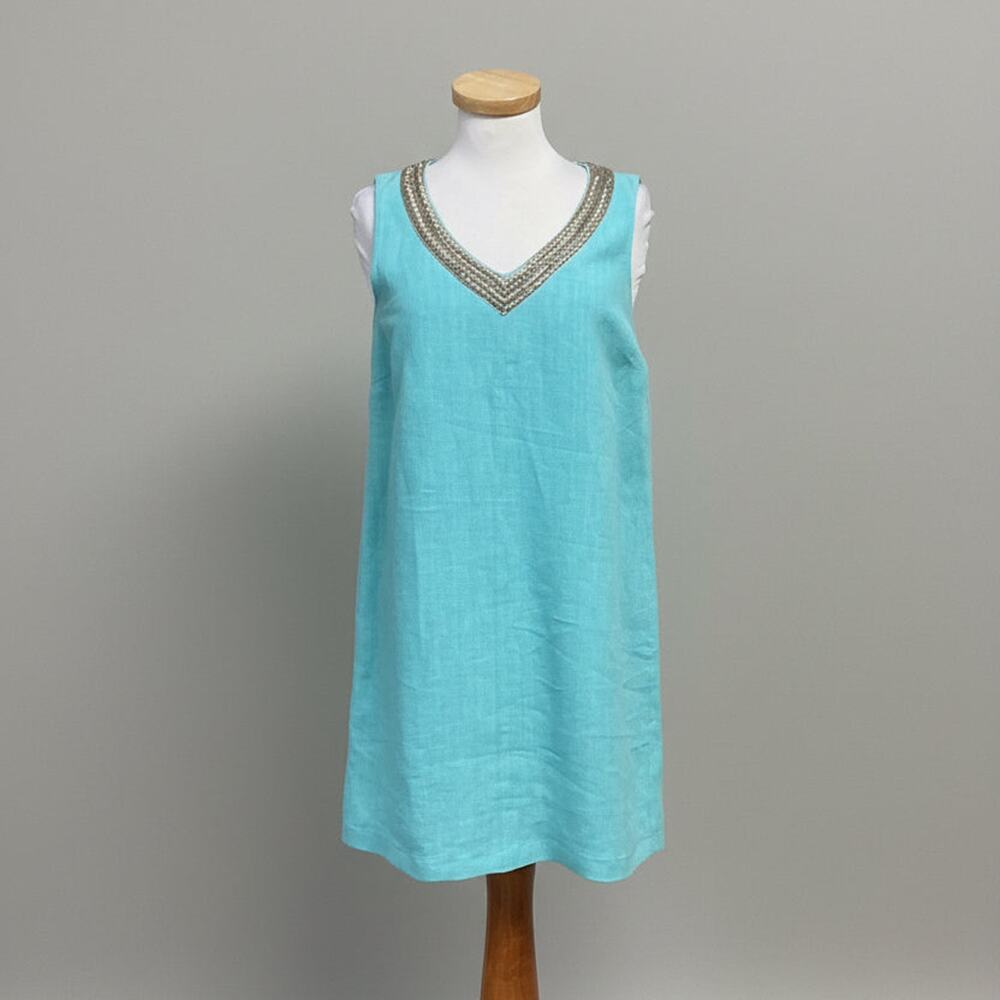 120% Lino aqua linen dress with beading, size S